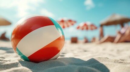 Obraz premium A vibrant beach ball rests on a sandy shoreline, with colorful umbrellas in the background under a clear sky, invoking feelings of summer fun and leisure by the sea.