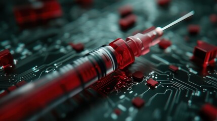 A striking image featuring a syringe amidst a complex circuit board design, with a dark backdrop highlighting themes of technology, medicine, and the intersection of science.