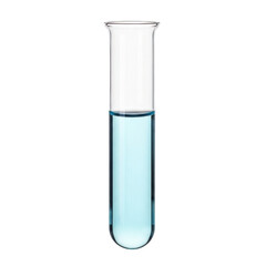 A laboratory test tube filled with light blue liquid isolated on transparent background