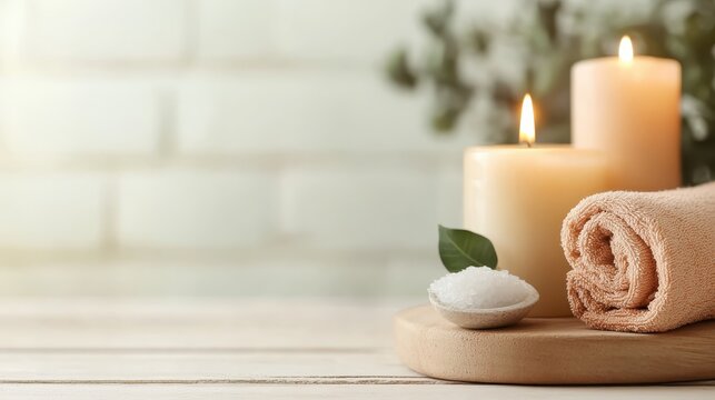 A serene spa setup featuring lit candles, soft towels, and bath salts, promoting a calming atmosphere for relaxation and self-care in a luxurious environment.