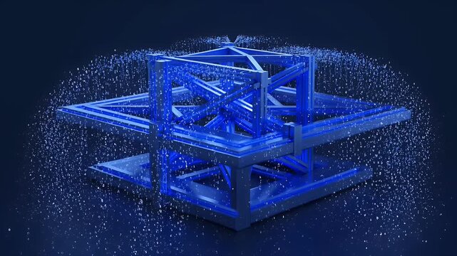 Abstract geometric structure with glowing digital elements scattered around