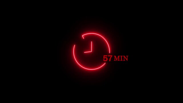 Abstract glowing neon 57 minute clock icon modern design animation 4k video.