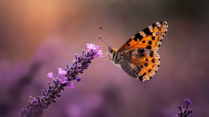 Obraz premium A vibrant butterfly perched delicately on a blooming lavender flower, showcasing the beauty of nature and the intricate patterns of its wings in warm sunlight.
