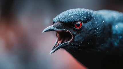 Fototapeta premium An intense close-up of a raven showcasing its vivid red eyes and sleek feathers, capturing the raw beauty and fierce nature of this majestic bird.