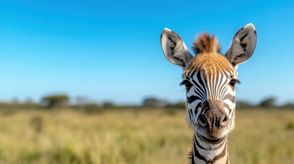 Fototapeta premium A close-up portrait of a zebra in a picturesque landscape, emphasizing its unique patterns and gentle gaze, representing the beauty and diversity of wildlife.