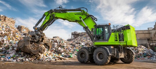 Excavator claw grabbing pile of trash. Ecology environment pollution problem. Generative AI technology.	
