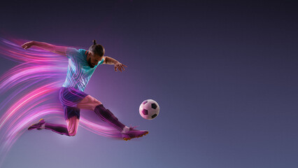 Vibrant composition male football player kicking ball with pink neon motion trails on gradient background. Concept of scoring power, explosive speed, competitive spirit and modern sports ads campaigns © Lustre Art Group 