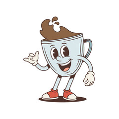 Friendly coffee cup mascot shows call me hand gesture. Groovy retro comic personage. Isolated cartoon character vector illustration for a sticker or a communication concept. A friendly invitation