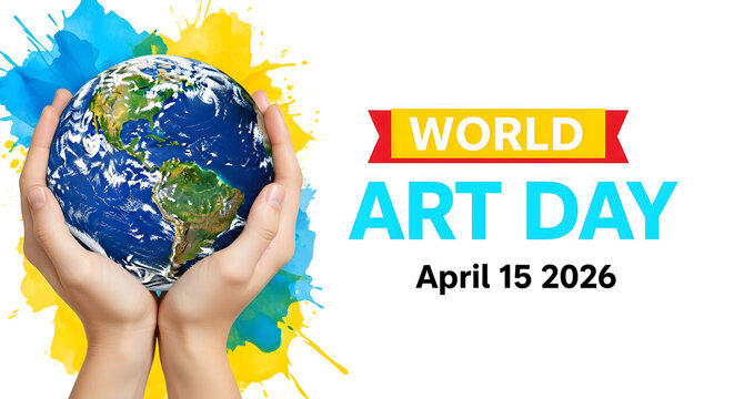 World Art Day poster with globe in hands celebrating art worldwide on April 15 2026