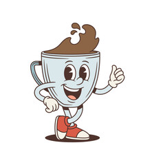 Fototapeta premium Coffee cup mascot walks and shows a thumbs up. Groovy retro comic personage. Isolated cartoon character vector illustration for a positive concept. A cheerful mood for an excellent choice