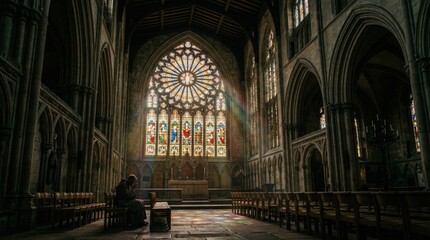Fototapeta premium Serenity in Historic Cathedral with Colorful Stained Glass Windows and Dramatic Lighting