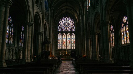 Obraz premium Majestic Gothic Cathedral Interior with Colorful Stained Glass Windows and Altar