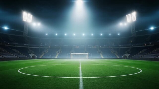 Empty illuminated soccer stadium with green grass field and goalpost at night