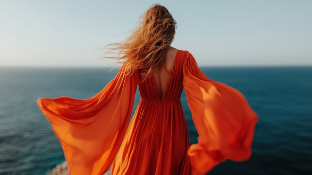 The graceful woman in a flowing orange dress stands at the cliff's edge, harmonizing with the vibrant scenery, symbolizing freedom and the beauty of nature's embrace.