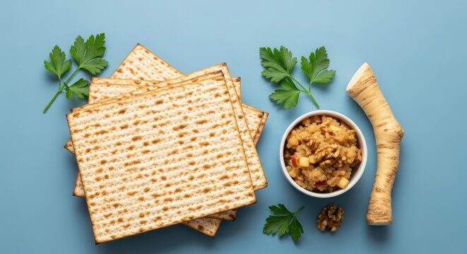 Matzah bread, walnuts, parsley, charoset and horseradish root on a blue background for Passover holiday dinner. Traditional Jewish food for symbolic Seder meal.