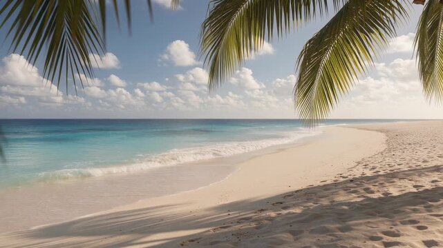 Beautiful tropical beach with clear blue water white sand and palm tree shadows under a sunny sky