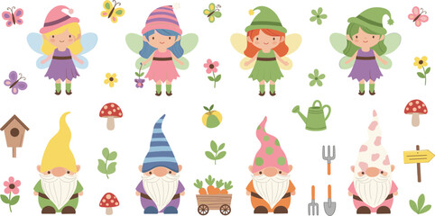 Fototapeta premium Cute Garden Gnomes and Fairies Cartoon Vector Illustration Set with Mushrooms Flowers and Tools