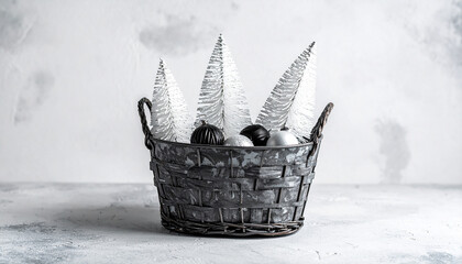 Fototapeta premium Woven basket filled with black and silver Christmas ornaments and trees holiday