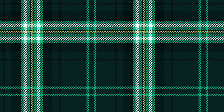Scottish tartan in emerald and dark green with intersecting light lines. Classic and traditional style. Vector background. Close-up.