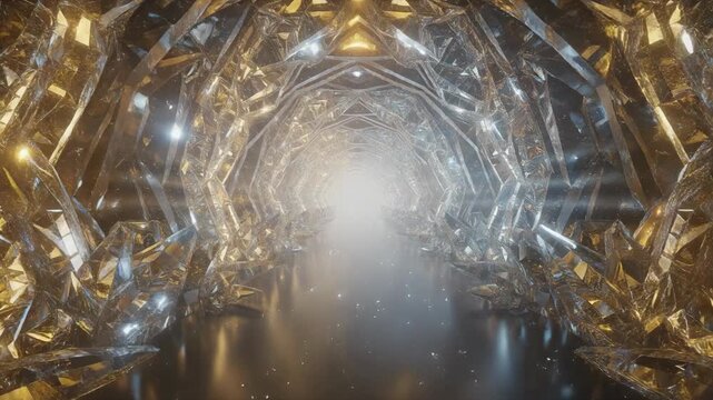 Golden crystal tunnel with glowing light and reflective sparkling geometric shapes corridor interior