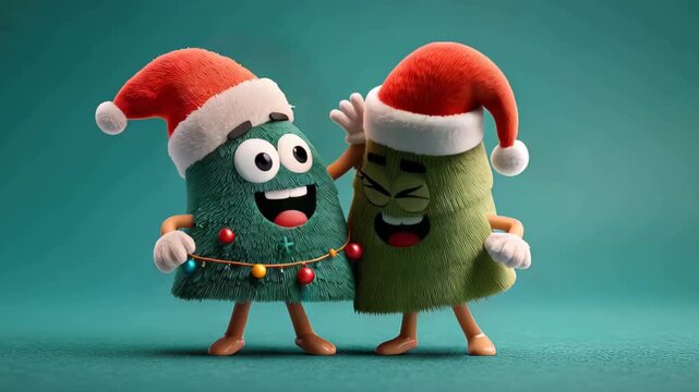Festive characters of Christmas trees with hats celebrate on green background in cartoon style for holiday cheer