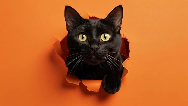 Curious black cat peeking through torn orange paper with bright yellow eyes closeup portrait