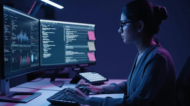 Working at a Dual Monitor Setup with Focused Programmer in Low Light