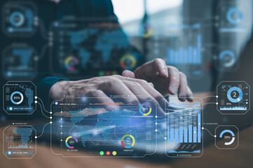 Fototapeta premium investment financial concept Business finance data analytics graph.Financial management technology.Advisor using KPI Dashboard on virtual screen, man using computer laptop working with data charts