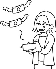 Fototapeta premium 40代の女性の財布から紙幣が飛んでいくイラスト 線画のみ