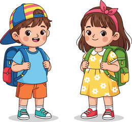 Cute school boy and girl characters with backpacks ready for school