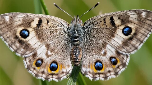Closeup macro shot of a beautiful Parnassius apollo butterfly with striking blue eyespots on its wings resting on a green plant stem in natural daylight.