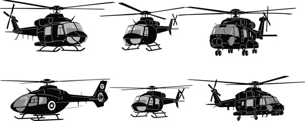 Helicopter silhouette set, military rescue transport chopper aircraft collection, aviation rotor helicopter vector illustration isolated on white background © Ashadujjaman