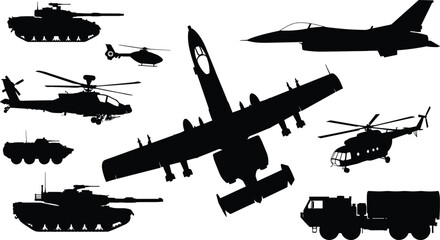 military vehicle silhouette collection, army tanks helicopters fighter jets, combat aircraft transport truck set, modern war equipment vector © Ashadujjaman