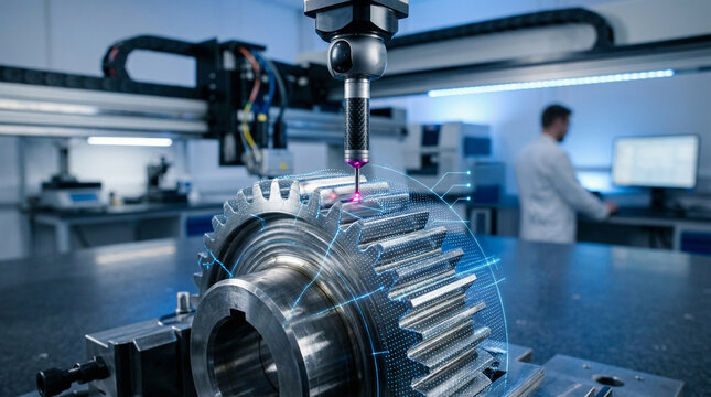 High-precision CNC coordinate measuring machine inspects steel metal gear in quality control laboratory for aerospace and automotive