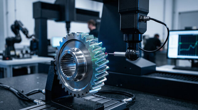 High-precision CNC coordinate measuring machine inspects steel metal gear in quality control laboratory for aerospace and automotive