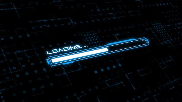 Futuristic loading bar animation with glowing digital elements and sleek tech design.
