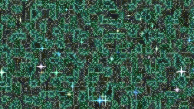 A mesmerizing pattern of green swirling shapes and stars viewed from directly above in a cosmic illustration.