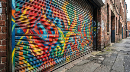 Graffiti on rolling shutter in urban alley with vibrant colors  