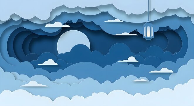 3d layered blue cloudscape with moon and lantern floating in sky