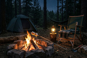 Cozy night camping setup with a glowing campfire, chairs, and lanterns in a dark forest