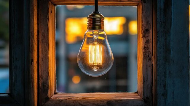 A glowing lightbulb hangs inside a rustic, weathered wooden window frame. The background is softly blurred
