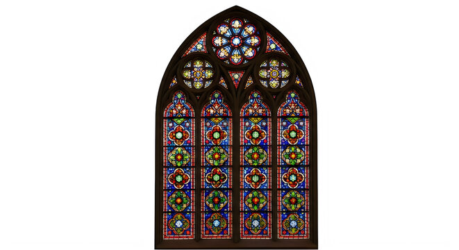 Stained glass window displaying intricate medieval religious artwork in a gothic arch isolated on transparent background