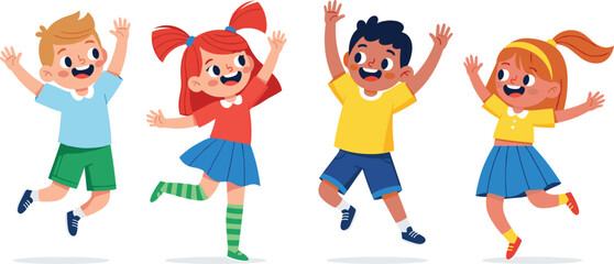Set of happy diverse cartoon children jumping and dancing with joy