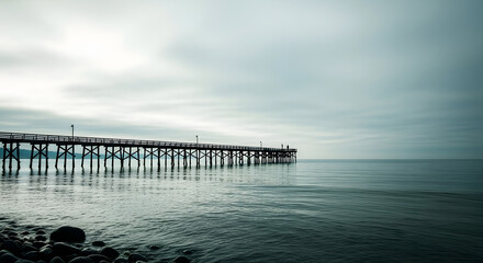 Fototapeta premium Serene view of a long pier extending into calm ocean waters