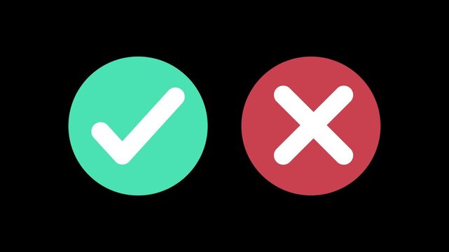 Yes No animation icon pulse effect. Checkmark and Cross mark symbols. Tick sign green color and X sign red color. Pulsing heartbeat yes and no choice symbols. 4K video