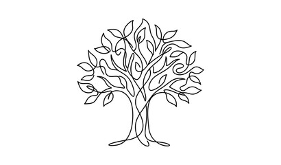 A modern single line drawing vector of a stylized garden tree created with one uninterrupted black stroke forming a circular canopy and flowing trunk. The abstract silhouette is centered on a solid wh © Nahid