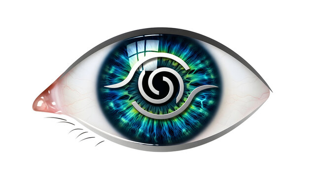 Stylized, abstract illustration of a human eye with vibrant green and blue iris and a swirling silver pattern.