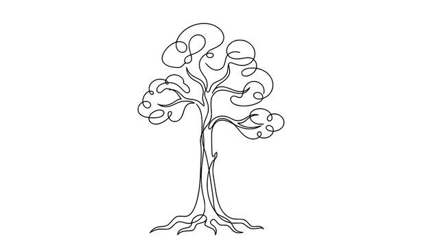 Abstract Continuous Line Tree Vector Minimal Forest Outline Illustration Isolated on White