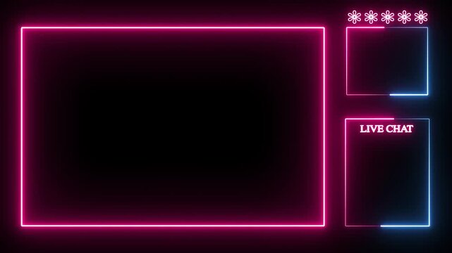 Glowing blue and pink neon streaming frame with looping facecam and chat for live streaming on black screen. Frame border HUD element. Neon light frame rectangle frame icon on a background.