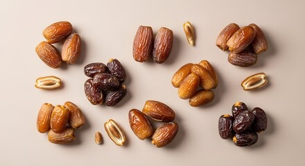 Obraz premium Assorted nuts and dried fruits on beige background healthy snack mix with almonds and dates